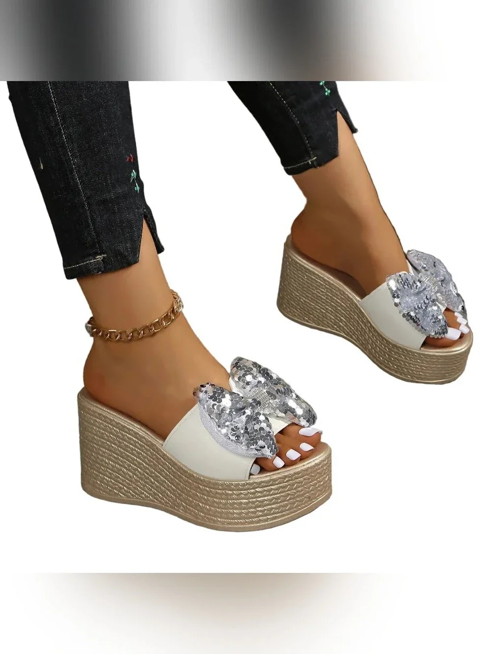 Oversized Sequin Bow Open Toe Shoes Chunky Sparkle Bling Platform Wedge Sandals